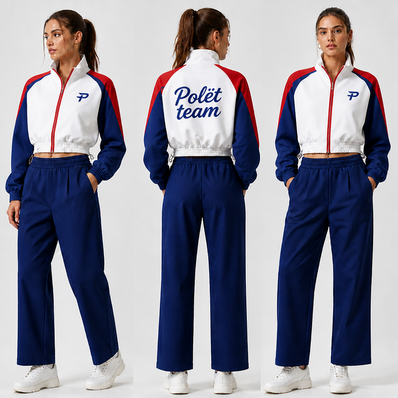 Critical updates:
1. Back text "Polët team" – change color to navy blue (#0033A0), same shade as pants. Change font to script/cursive style (handwritten or calligraphic sporty script), not block letters. Keep large size, centered on upper back.
2. Front zipper – change zipper tape and zipper teeth color from blue to bright red (#D52B1E). Red zipper should contrast with white jacket front.
3. Left chest logo – add small 5cm emblem logo in navy blue, matching the back text color. Minimalist geometric design (abstract "P" or wing shape).
4. Pants – remain solid navy blue, no changes.
5. Jacket color-blocking – keep white base, but ensure red and blue accent panels are placed on raglan sleeves only (not on side seams). Add subtle red piping along zipper edge for extra detail.
edit the attached fashion design with these instructions: Critical updates:
1. Back text "Polët team" – change color to navy blue (#0033A0), same shade as pants. Change font to script/cursive style (handwritten or calligraphic sporty script), not block letters. Keep large size, centered on upper back.
2. Front zipper – change zipper tape and zipper teeth color from blue to bright red (#D52B1E). Red zipper should contrast with white jacket front.
3. Left chest logo – add small 5cm emblem logo in navy blue, matching the back text color. Minimalist geometric design (abstract "P" or wing shape).
4. Pants – remain solid navy blue, no changes.
5. Jacket color-blocking – keep white base, but ensure red and blue accent panels are placed on raglan sleeves only (not on side seams). Add subtle red piping along zipper edge for extra detail.. keep it photorealistic, just the design no text