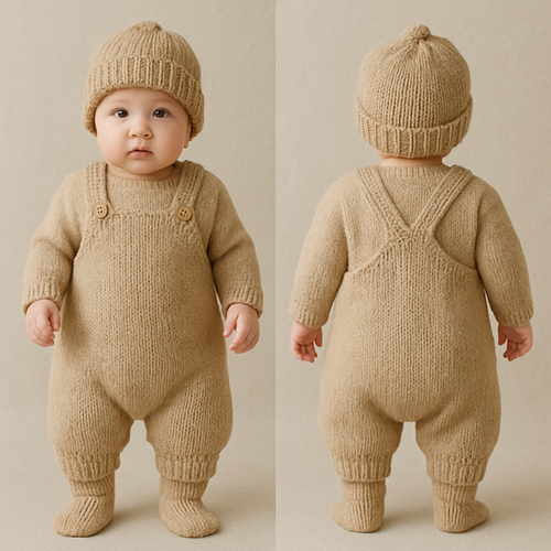 一歳の男の子着用画
ユニセックスの毛糸のオーバーオール
シルエットは丸い感じ
色はベージュ
毛糸の帽子
靴下