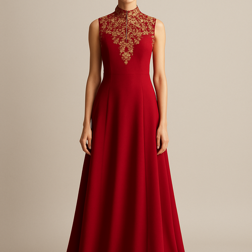 A long dress color red high 
neck and sleeveless  adding embroidery on neckline and the arms line