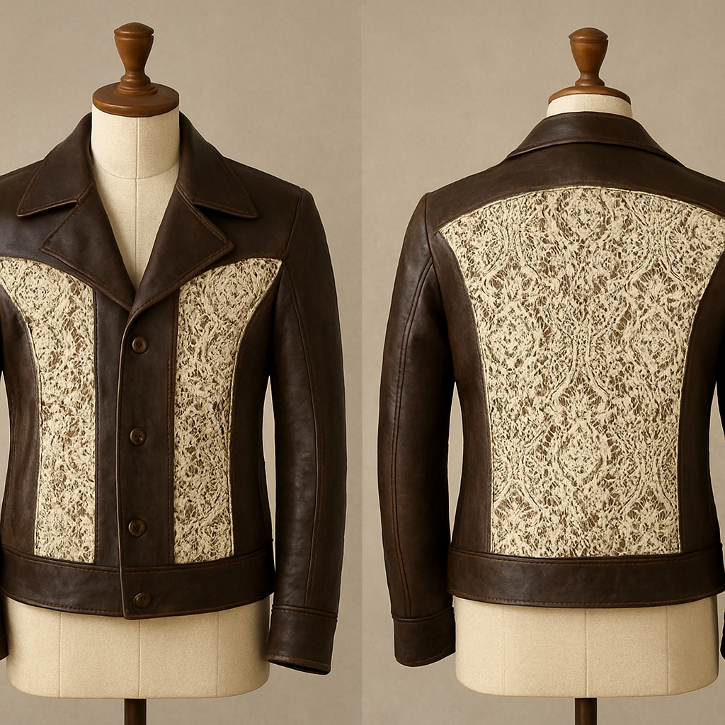 Veste homme en cuir très original avec de la dentelle
Veste homme en cuir très original avec de la dentelle
, retro style, show front and back