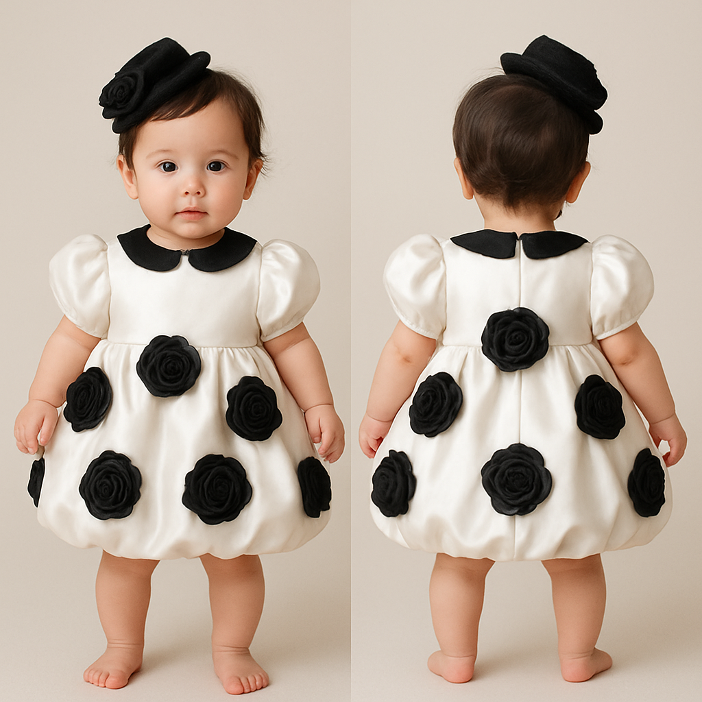 一歳の女の子着用画
白のサテンドレス、襟は丸くて黒、バルーンスカートで丈は膝上
パフスリーブ(ボリュームあり)
サテンの黒の大きなバラを前側と後ろ側に均等にバランスよくたくさんつけて
頭には黒のカクテルハット、同じバラを小さめで着けて
一歳の女の子着用画
白のサテンドレス、襟は丸くて黒、バルーンスカートで丈は膝上
パフスリーブ(ボリュームあり)
サテンの黒の大きなバラを前側と後ろ側に均等にバランスよくたくさんつけて
頭には黒のカクテルハット、同じバラを小さめで着けて
, show front and back