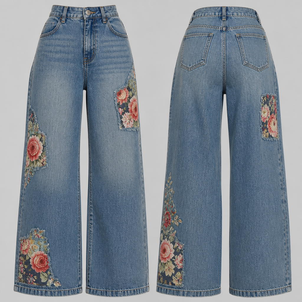 A Female Pants design, made of Denim, in Denim style. with patches of flowers on it. Design with modest coverage.
photorealistic fashion design, A Female Pants design, made of Denim, in Denim style. with patches of flowers on it. Design with modest coverage., denim style, just the design no text, show front and back