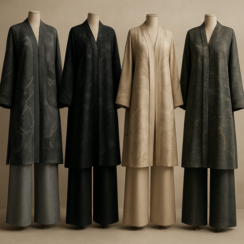 Create a modest abaya and loose pant, first of its kind, featuring a unique stone design that exudes a classy and sophisticated vibe. I'd like four designs, each showcasing different styles and fabrics. Incorporate high-end, unique chic stone designs to make them truly special. Add little sophisticated stone designs. Make it irresistible!