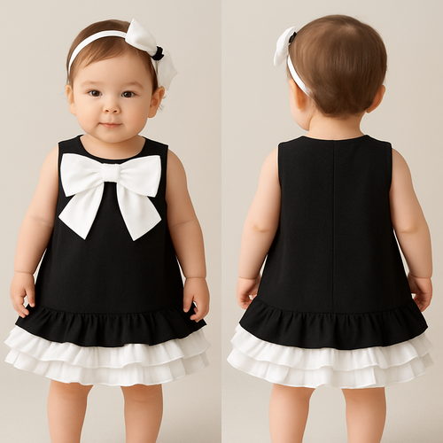 一歳の女の子着用画
ジャケット生地の黒のノンスリーブワンピース、丈は膝上
肩の部分、襟の部分が隠れるように白の大きなリボン
スカートの1番下の裾に、白色で、真ん中ギャザーで上下に広がるフリフリのフリルを一周巻く(ボリューム感)
その上に同じものをもう一周巻く

背中に装飾はなし

頭には白のカチューシャ
カチューシャにはちょっとした黒い装飾