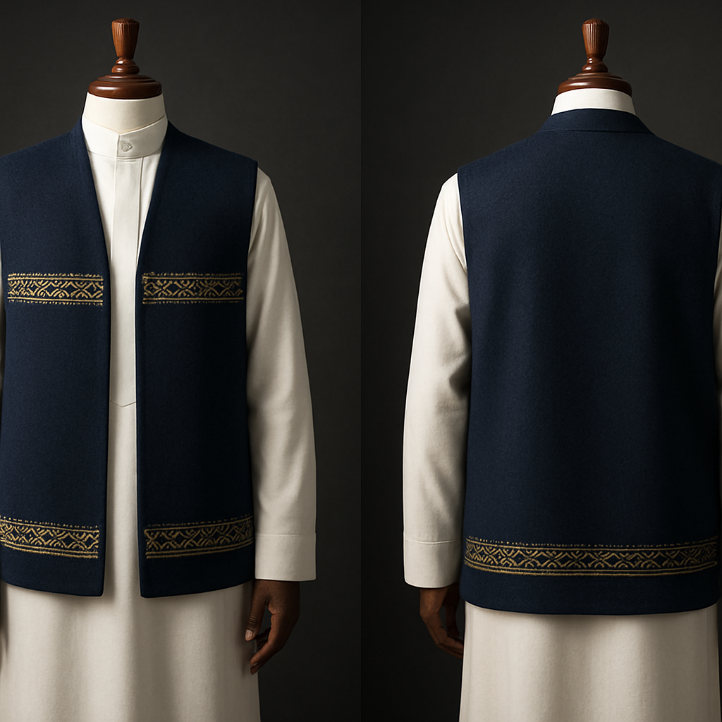 ‏Sleeveless hip-length sedri (vest) over a traditional white Saudi thawb on a luxurious wooden mannequin, deep navy cashmere-wool, subtle light-gold Najdi embroidery along the chest and hem, soft studio three-point lighting, dark neutral backdrop, hyper-realistic fabric texture, full-frontal view, high detail --ar 2:3 --v 5 --q 2"


‏Sleeveless hip-length sedri (vest) over a traditional white Saudi thawb on a luxurious wooden mannequin, deep navy cashmere-wool, subtle light-gold Najdi embroidery along the chest and hem, soft studio three-point lighting, dark neutral backdrop, hyper-realistic fabric texture, full-frontal view, high detail --ar 2:3 --v 5 --q 2"
, show front and back