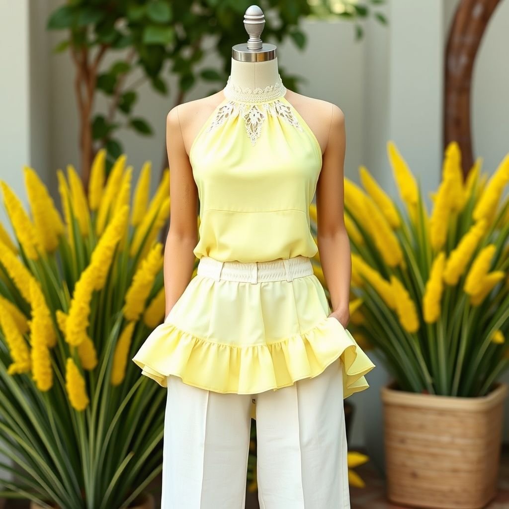 i want to make a cotton lycra long basic top with halter neck in pastel yellow
Design a cotton lycra long basic top with a chic halter neck in pastel yellow, featuring playful ruffled hems that cascade gracefully to mid-thigh. Accentuate with delicate lace detailing along the neckline, offering a whimsical touch. Pair with high-waisted, wide-leg linen trousers for an effortlessly stylish summer ensemble.