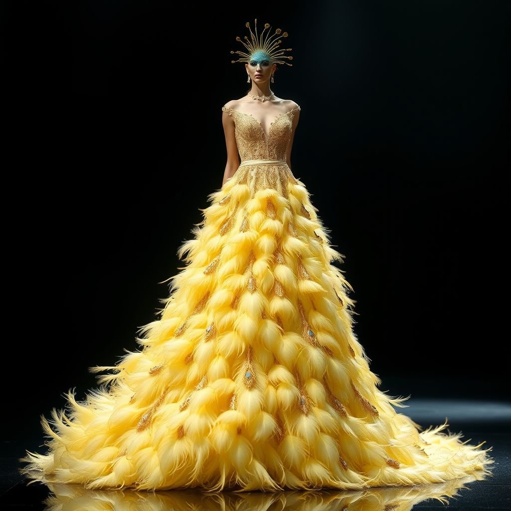 A fancy baby yellow feathered peacock dress that gives runway
Design an exquisite baby yellow feathered peacock dress that exudes an aura of elegance and sophistication. The gown features delicate feather detailing cascading from a fitted bodice, flowing into a dramatic floor-length skirt. Accentuate with intricate gold embroidery and a cinched waist, transforming this piece into a stunning runway showstopper.