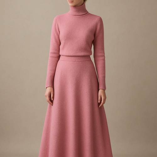 A young female wearing a turtleneck pink wool sweater and an a line pink wool maxi skirt 