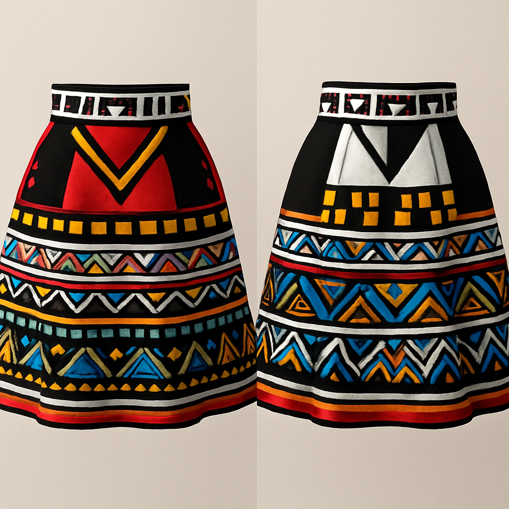 Design a stylish skirt inspired from the Xhosa tribe traditional clothes 


Design a stylish skirt inspired from the Xhosa tribe traditional clothes 
, show front and back