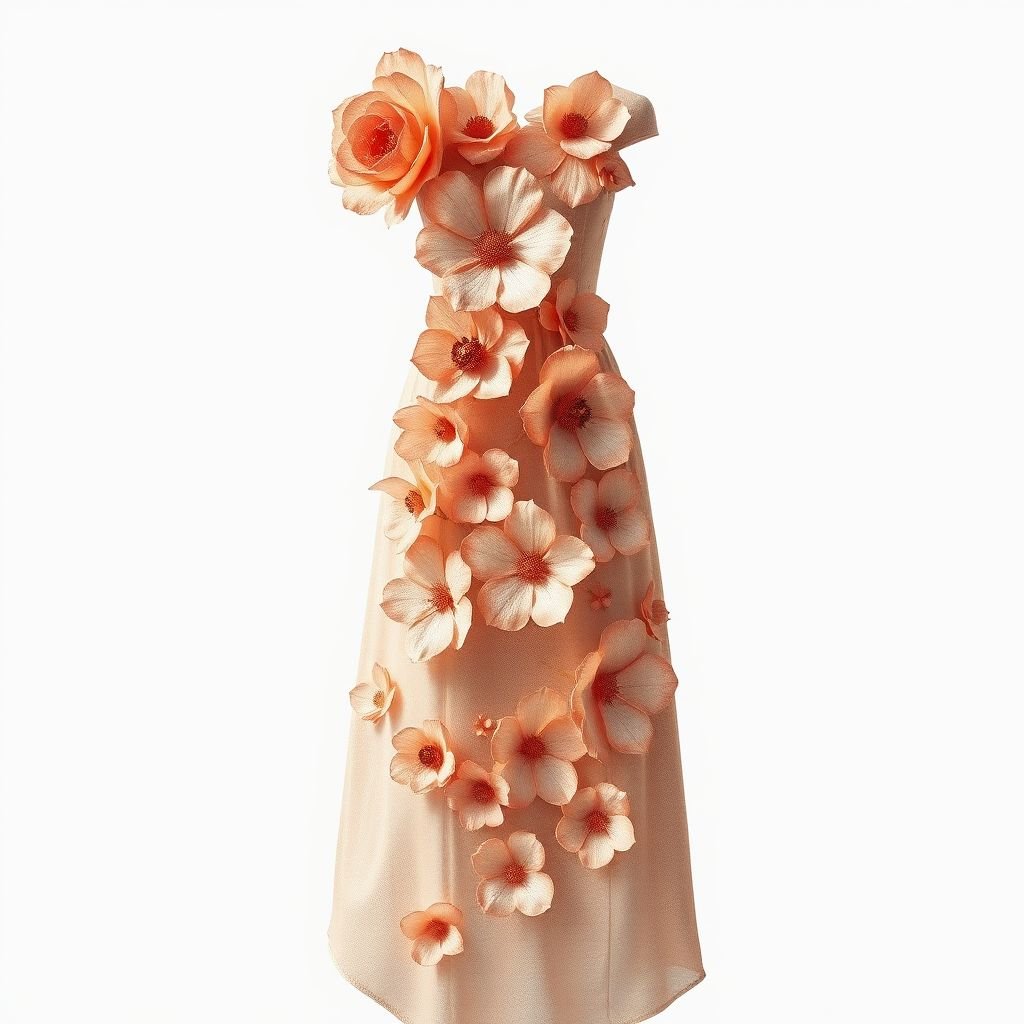 Rose gold flower dress
Design a whimsical rose gold flower dress that embodies an artsy vibe, featuring oversized, delicate floral appliqués cascading down a flowing silhouette. The fabric should shimmer softly, mimicking petals in sunlight. Include asymmetrical hem lines and layer abstract, painterly textures for a bohemian-inspired masterpiece that celebrates nature and creativity.