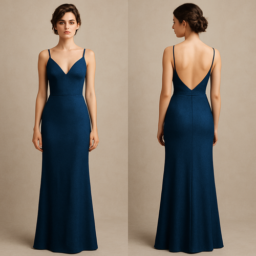 Quiero un vestido largo, ajustado, con espalda descubierta y escote en V, con manga de tirantes q sea ideal para graduación color azul