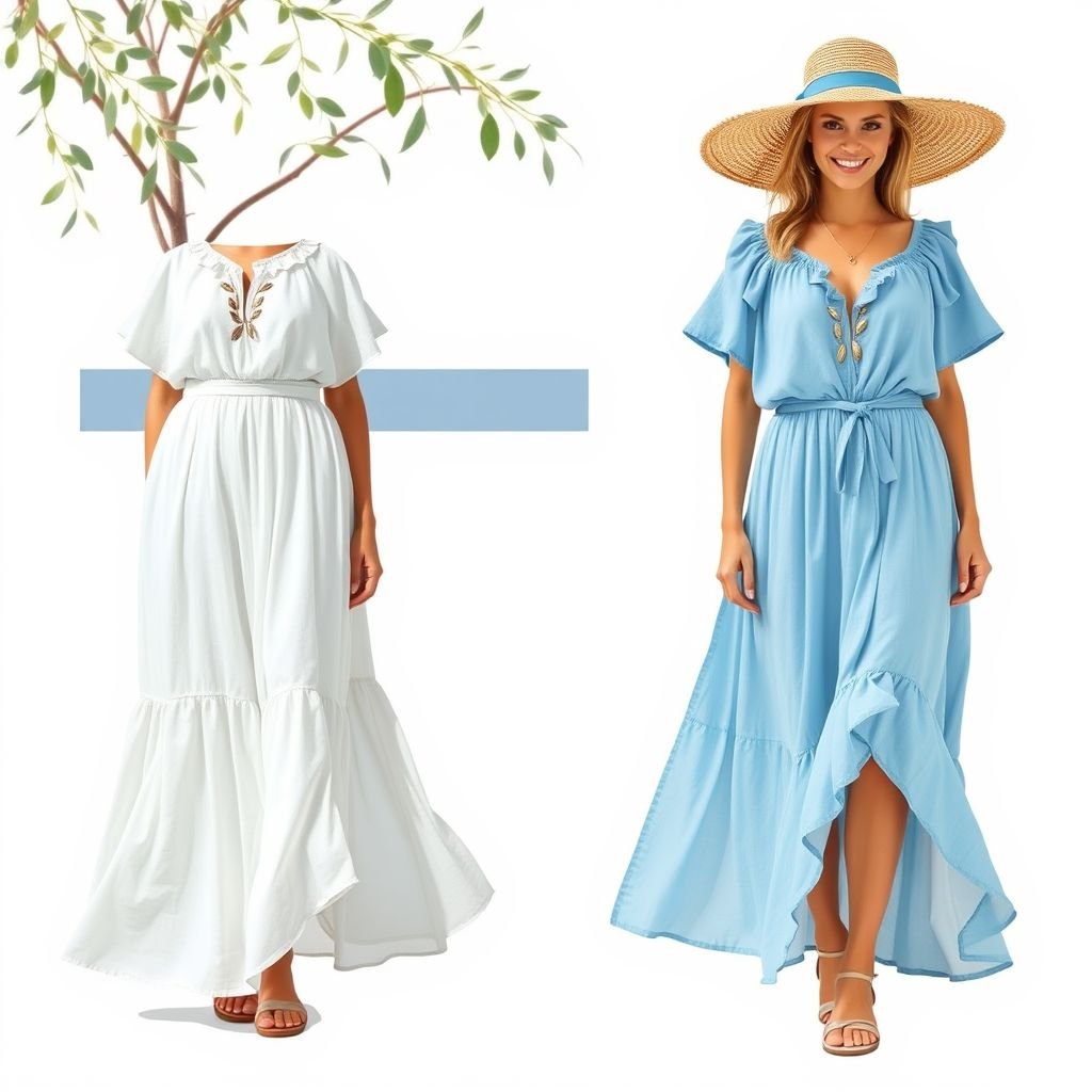 שמלה קיצית בסטייל קליל יווני
Design a flowing summer dress inspired by Greek aesthetics, featuring lightweight linen in a soft azure hue. The dress showcases cascading ruffles and elegant draping, reminiscent of ancient tunics. Adorn the neckline with delicate golden olive leaf embroidery, while a cinched waist enhances silhouette. Complete the look with strappy sandals and a sun hat.