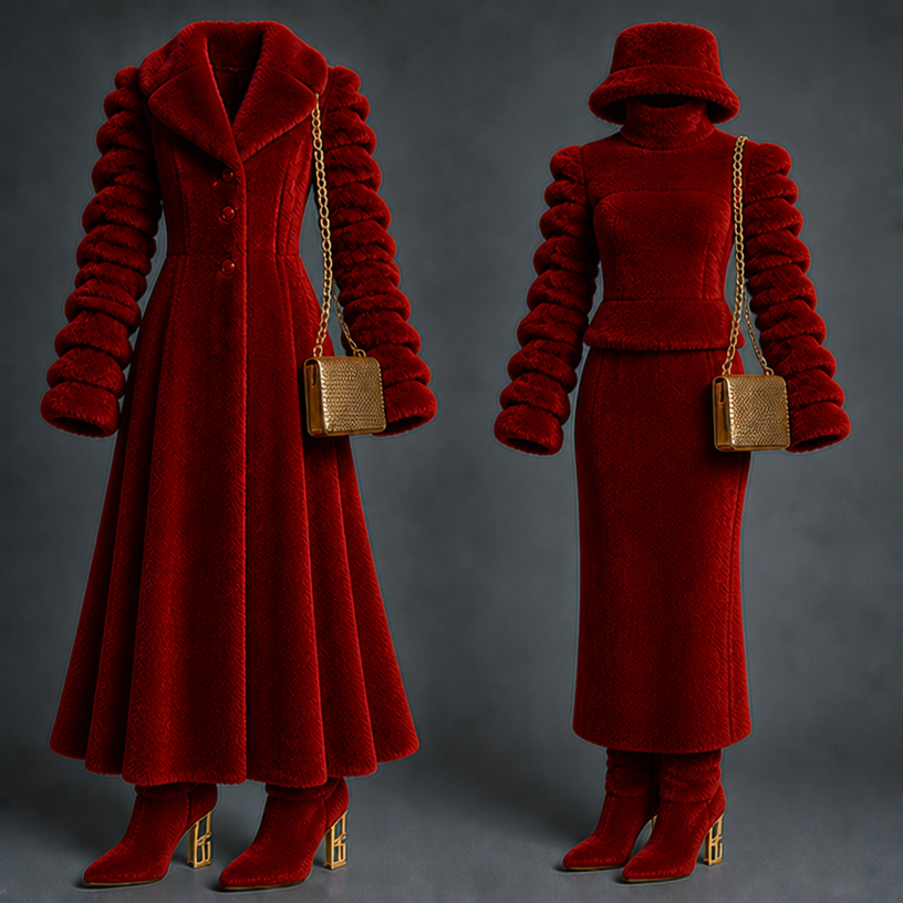 Make the coat fuller and ruffles on the sleeves from the shoulder to the wrist
edit the attached fashion design with these instructions: Make the coat fuller and ruffles on the sleeves from the shoulder to the wrist. keep it photorealistic, just the design no text