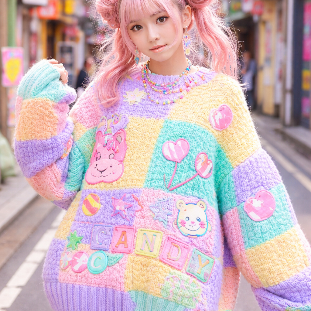 cute chunky neon cartoon candy land board game sweater
Japanese Street fashion design: Oversized cotton sweater, vibrant neon and pastel colors, with chunky knit. Features cute cartoon candy and board game patterns. Loose fit, dropped shoulders, playful and eye-catching.