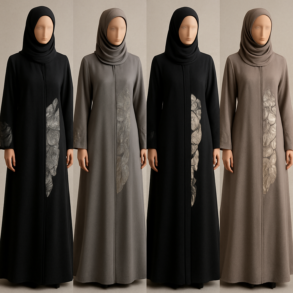 Create a modest abaya, first of its kind, featuring a unique stone design that exudes a classy and sophisticated vibe. I'd like four designs, each showcasing different styles and fabrics. Incorporate high-end, unique chic stone designs to make them truly special. Add little sophisticated stone designs. Make it irresistible for customers
Create a modest abaya, first of its kind, featuring a unique stone design that exudes a classy and sophisticated vibe. I'd like four designs, each showcasing different styles and fabrics. Incorporate high-end, unique chic stone designs to make them truly special. Add little sophisticated stone designs. Make it irresistible for customers