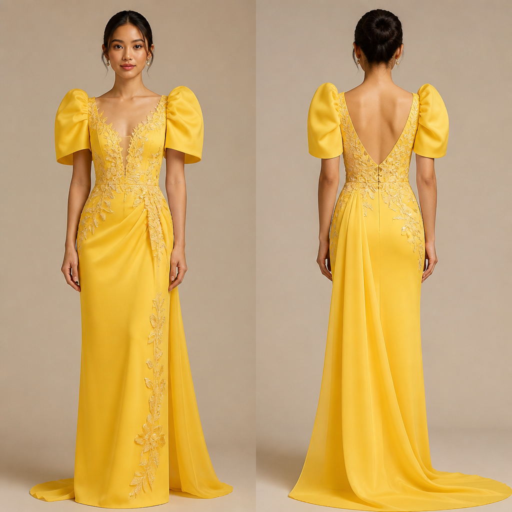 Modern Filipina design dress in yellow
photorealistic fashion design, Modern Filipina design dress in yellow
, just the design no text, show front and back
