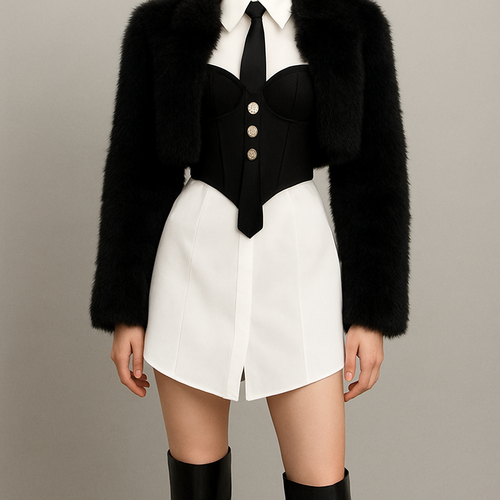 Can you do a white fitted shirt dress with a large collar, with a black slightly crop corset top with thin straps over it, and a black tie with knee high boots
Longer corset with cup details and the shirt dress slightly shorter coming down in a slight v shape at the front and three big jewels going down vertically on the tie
Remove lines on shirt and hide buttons
Shirt slightly shorter
Can you put a crop black furry faux jacket over it
Jacket more fluffy and boxy