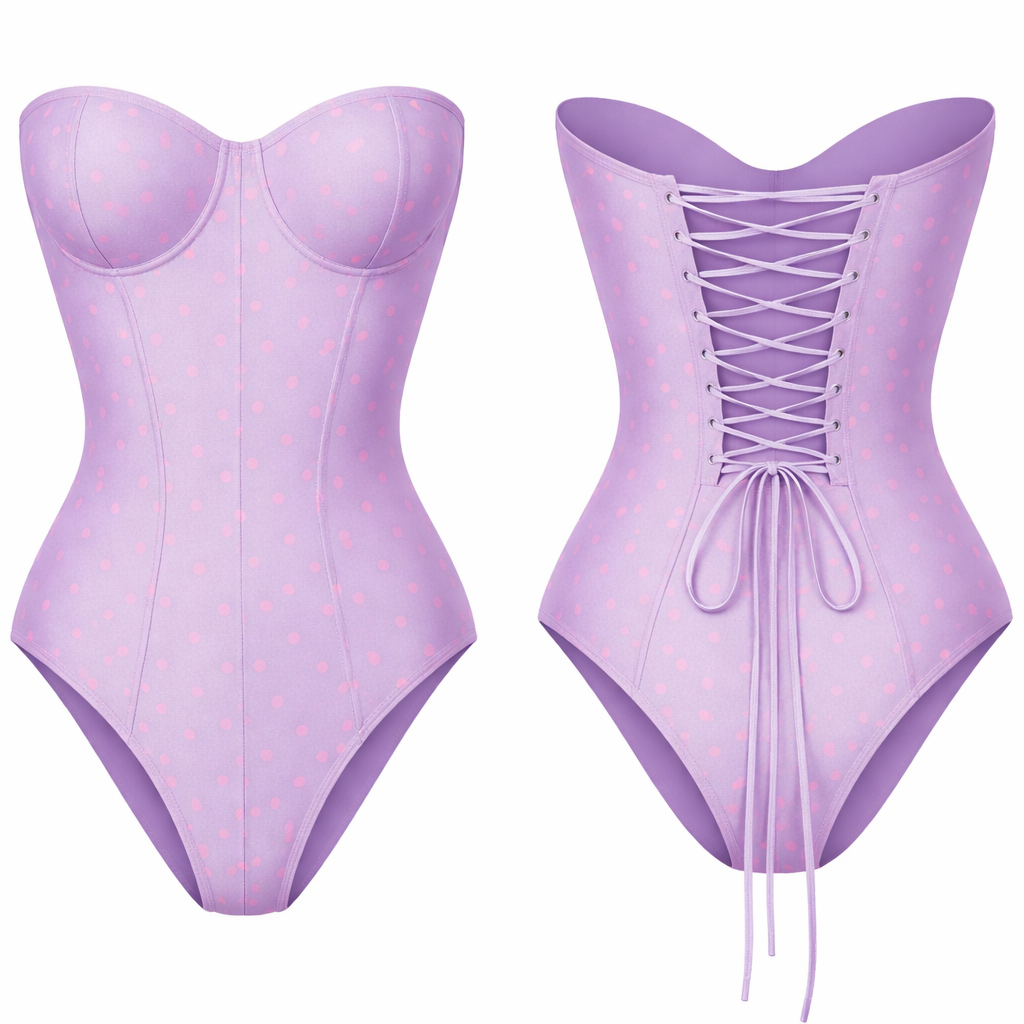 Bodysuit shape wear g string no ai model purple and pink pocker dots strapless corset tie at the back ribbon at the back to tie up no lines just no bow just string
Bodysuit shape wear g string no ai model purple and pink pocker dots strapless corset tie at the back ribbon at the back to tie up no lines just no bow just string , minimalist style, show front and back