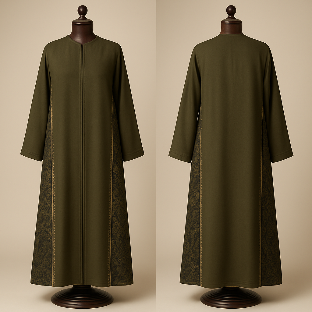 (photorealistic)
"Photorealistic full-length fashion photograph of an ankle-length olive-green abaya displayed on a luxurious dark polished wooden mannequin. The abaya features long side slits from underarm to ankle with an external Kashmiri patterned panel attached to the outer edge of each slit; the Kashmiri panel is jacquard/textured paisley in complementary deep-dark olive and black tones. A narrow Najdi geometric embroidery (2–2.5 cm wide) in matte antique-gold thread runs along the outer edge of each panel, with small repeating motifs spaced every 10–15 cm — embroidery visible down to the ankle. Silhouette: straight A-line, soft drape, lightweight wool-blend, lightly lined. Styling: clean neutral studio background, soft directional warm light, full-length view showing panels to the ankle, high-detail texture and fabric realism. Camera: 35mm perspective, shallow depth of field (f/4), high-resolution output (4k)."
"Olive-green ankle abaya with long side slits from underarm to ankle revealing external Kashmiri jacquard panels; narrow Najdi geometric embroidery in matte gold along panel edges; displayed on a luxurious dark wooden mannequin; photorealistic, studio lighting, full-length, high detail."
tech pack /
"Olive (deep olive) straight ankle-length abaya. Side slits from underarm to ankle with external Kashmiri panel sewn on outer edge. Panel width: 18–25 cm at underarm, tapering slightly to ankle. Najdi embroidery: 0.6–1 cm band along outer panel edge, motifs every 10–15 cm. Fabric: lightweight wool-blend or crepe for body; Kashmiri jacquard panel. Lining: lightweight viscose. Finish: matte antique-gold thread, reinforced hem at ankle, hidden top hook above slit."
(photorealistic)
"Photorealistic full-length fashion photograph of an ankle-length olive-green abaya displayed on a luxurious dark polished wooden mannequin. The abaya features long side slits from underarm to ankle with an external Kashmiri patterned panel attached to the outer edge of each slit; the Kashmiri panel is jacquard/textured paisley in complementary deep-dark olive and black tones. A narrow Najdi geometric embroidery (2–2.5 cm wide) in matte antique-gold thread runs along the outer edge of each panel, with small repeating motifs spaced every 10–15 cm — embroidery visible down to the ankle. Silhouette: straight A-line, soft drape, lightweight wool-blend, lightly lined. Styling: clean neutral studio background, soft directional warm light, full-length view showing panels to the ankle, high-detail texture and fabric realism. Camera: 35mm perspective, shallow depth of field (f/4), high-resolution output (4k)."
"Olive-green ankle abaya with long side slits from underarm to ankle revealing external Kashmiri jacquard panels; narrow Najdi geometric embroidery in matte gold along panel edges; displayed on a luxurious dark wooden mannequin; photorealistic, studio lighting, full-length, high detail."
tech pack /
"Olive (deep olive) straight ankle-length abaya. Side slits from underarm to ankle with external Kashmiri panel sewn on outer edge. Panel width: 18–25 cm at underarm, tapering slightly to ankle. Najdi embroidery: 0.6–1 cm band along outer panel edge, motifs every 10–15 cm. Fabric: lightweight wool-blend or crepe for body; Kashmiri jacquard panel. Lining: lightweight viscose. Finish: matte antique-gold thread, reinforced hem at ankle, hidden top hook above slit."
, show front and back