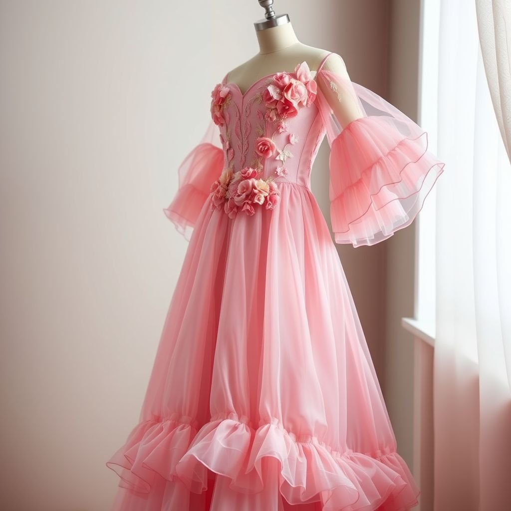 a pink gown
Imagine an ethereal pink gown cascading to the floor, made of shimmering silk organza. It features intricate hand-embroidered floral motifs that bloom around the bodice, blending soft shades of blush and rose. A corseted silhouette with delicate ruffles at the hem adds drama, while sheer, billowing sleeves create an enchanting aura.
