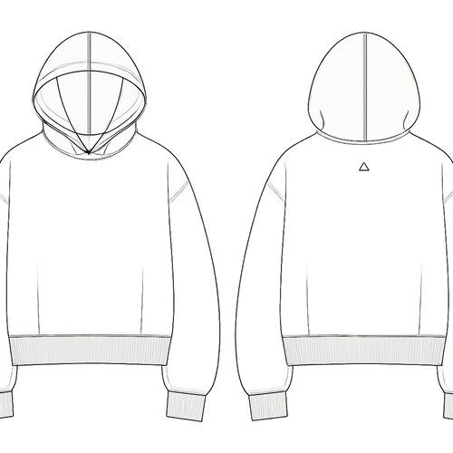 Unisex oversized hoodie with a boxy silhouette and drop shoulders. Clean minimal design with no graphics on the front. Color: charcoal black. The hoodie has a structured outer layer and a soft inner layer visible slightly at the sleeve cuff and at the bottom hem. Ribbing on cuffs and hem is tonal and subtle. Slight overlength sleeves. Back side has a small minimal symbol printed top-center between the shoulders. Stitch lines are clean and precise. Make it technical fashion sketch style, simple linework, no background, no model face details.