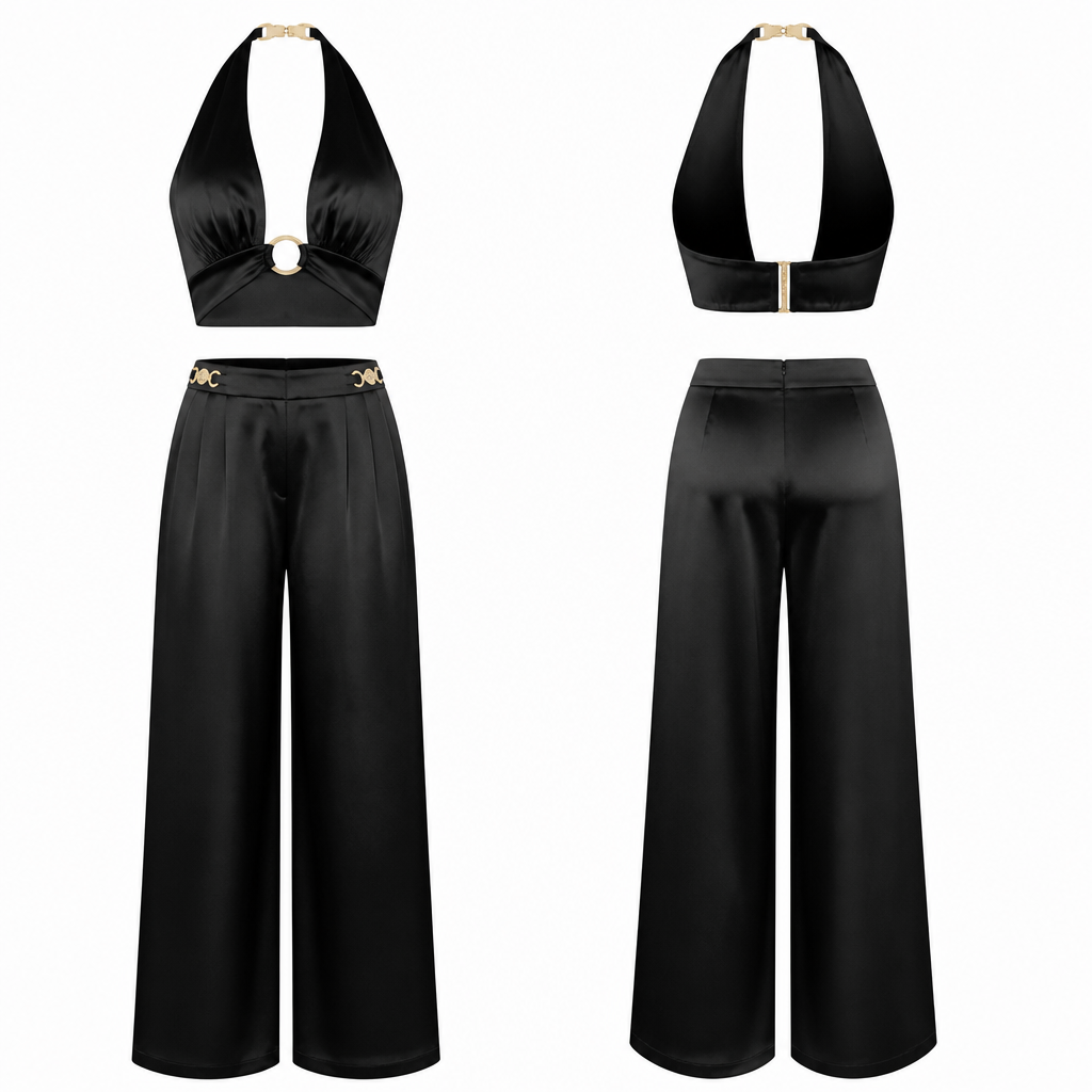Preppy y2k Satin elegant 2 piece set pants top l black gold hardware classy
photorealistic fashion design, Preppy y2k Satin elegant 2 piece set pants top l black gold hardware classy, classic style, just the design no text, show front and back