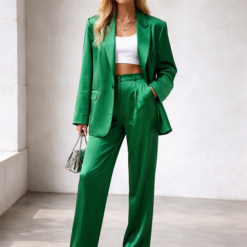 SHINY GREEN SET - JACKET AND PANTS OVERSIZED AND LINED
SHINY GREEN SET - JACKET AND PANTS. OVERSIZED, LINED. SILK, STRAIGHT-LEG PANTS, RELAXED FIT JACKET. SOLID COLOR.