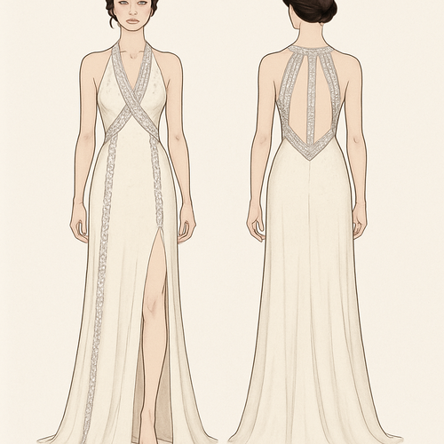 I want to design a dress that has an open back and a leg split with stripes of diamonds in the open back and that kind of has an x in the front that is big and also has diamonds