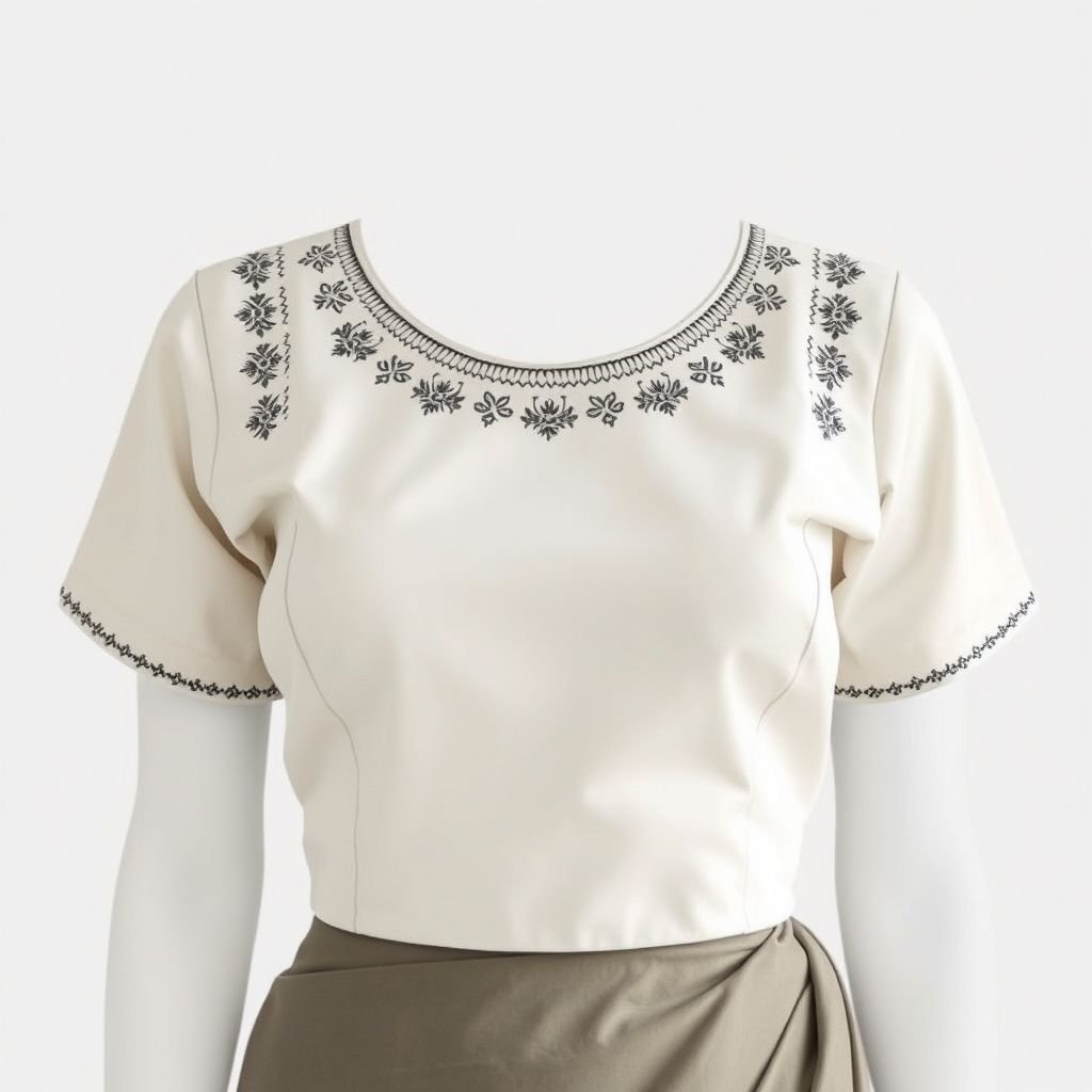 Saree blouse with minimal hand embroidery in neck and sleeve
Design a minimalist saree blouse featuring a sleek silhouette with clean lines and a subtle, understated elegance. Incorporate delicate hand embroidery around the neck and sleeves, focusing on geometric patterns in monochromatic threads. Choose soft, breathable fabric in neutral tones, emphasizing simplicity while ensuring an effortless, sophisticated appeal for modern wearers.