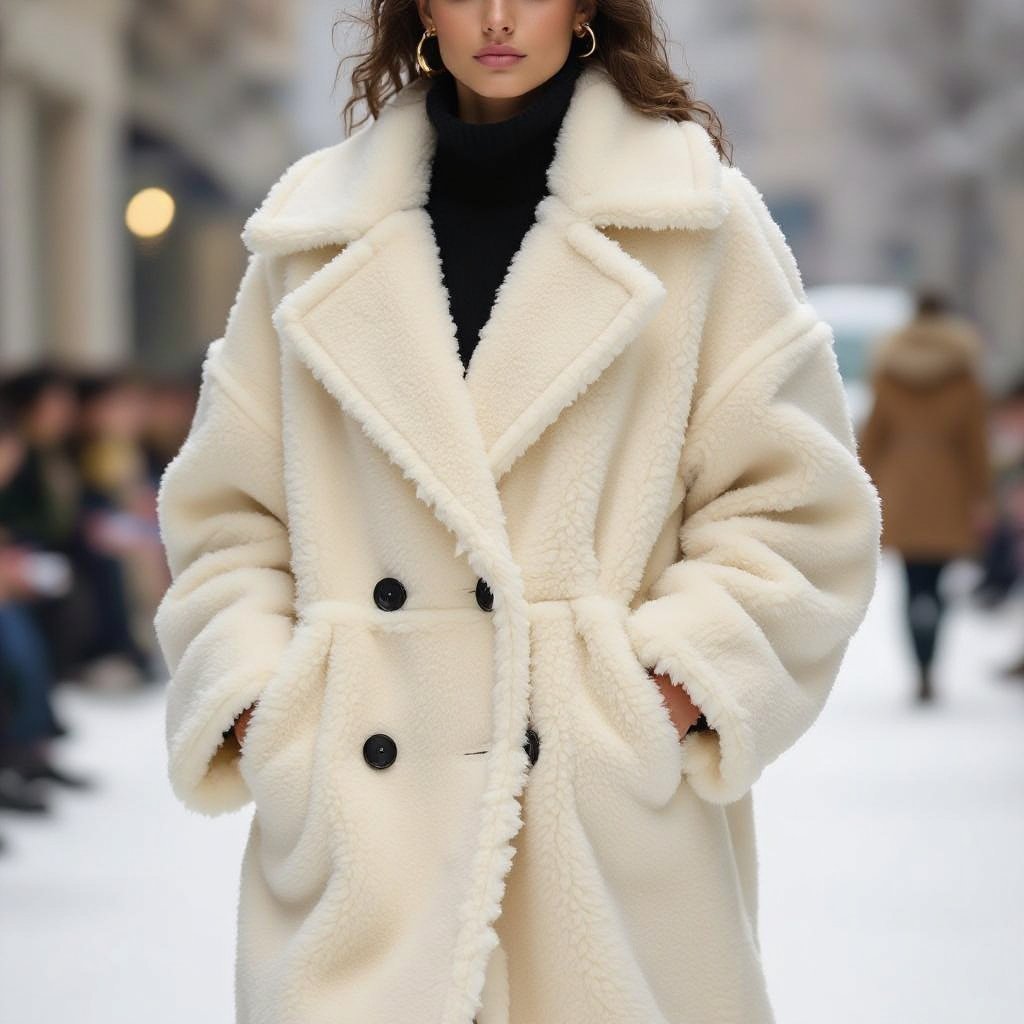 Sheep inspired
Sheep inspired, cream curly shearling coat, oversized fit, drop shoulder, hidden closure, cozy and chic.