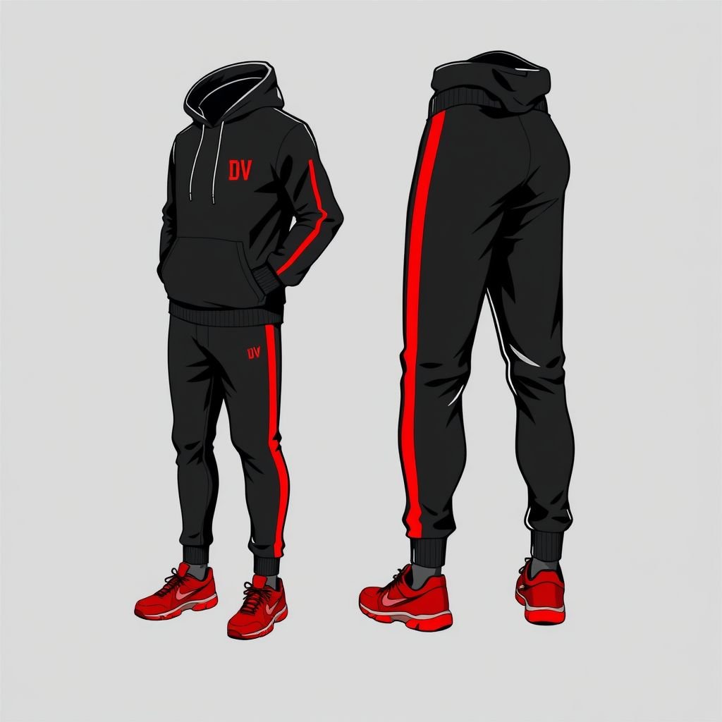 Men sweats with “DV” embroidered on pocket. black and red
Design a sporty ensemble featuring men’s black sweatpants with bold red side stripes and “DV” elegantly embroidered on the pocket. Pair it with a matching black hoodie, showcasing breathable fabric and a sleek zipper closure. Accentuate with red athletic shoes, and incorporate dynamic lines for a modern, energetic vibe.
