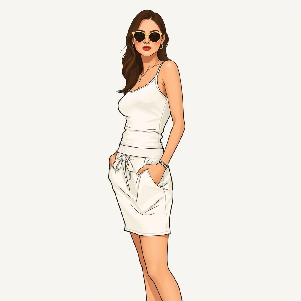 No pattern, plain cream-colored stretch fabric, tight waist for a slim look and short, slightly flared skirt. Design worn on model
Visualize a chic summer outfit featuring a plain cream-colored stretch fabric that hugs the waist, accentuating an hourglass silhouette. The design showcases a strategically tight waist that seamlessly transitions into a short, slightly flared skirt, offering movement and playfulness. Completed with minimal accessories, this design embodies effortless elegance on a confident model.