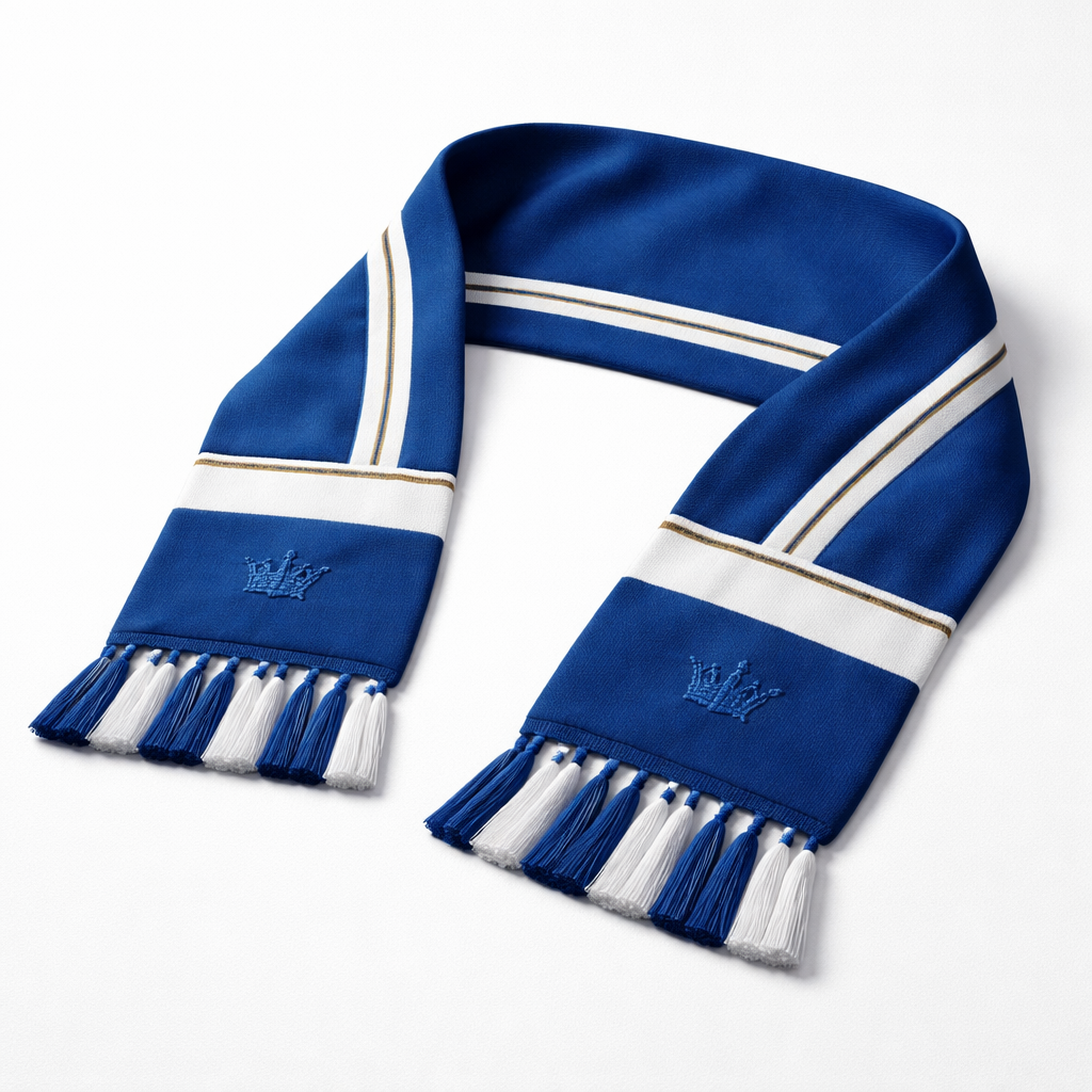 Overall Vibe:
Timeless, athletic, and polished—something that feels like it belongs with the Royals uniform, not just merch.
Color Palette:
• Royal Blue (primary base)
• Crisp White (main contrast)
• Subtle Gold Accent (thin pinstripes only, very restrained)
Stripe Layout (Uniform-Inspired):
• Wide royal-blue base across the scarf
• A bold central white stripe running horizontally end-to-end
• On each side of the white stripe:
• Thin gold pinstripe
• Followed by a thin white pinstripe
• This mirrors a classic baseball uniform stripe but feels modern and wearable
Ends / Details:
• Tasseled ends in alternating royal blue and white
• Near each end: a small, woven crown motif (very minimal, tone-on-tone—not loud)
• No text or player names to keep it timeless
Overall Vibe:
Timeless, athletic, and polished—something that feels like it belongs with the Royals uniform, not just merch.
Color Palette:
• Royal Blue (primary base)
• Crisp White (main contrast)
• Subtle Gold Accent (thin pinstripes only, very restrained)
Stripe Layout (Uniform-Inspired):
• Wide royal-blue base across the scarf
• A bold central white stripe running horizontally end-to-end
• On each side of the white stripe:
• Thin gold pinstripe
• Followed by a thin white pinstripe
• This mirrors a classic baseball uniform stripe but feels modern and wearable
Ends / Details:
• Tasseled ends in alternating royal blue and white
• Near each end: a small, woven crown motif (very minimal, tone-on-tone—not loud)
• No text or player names to keep it timeless