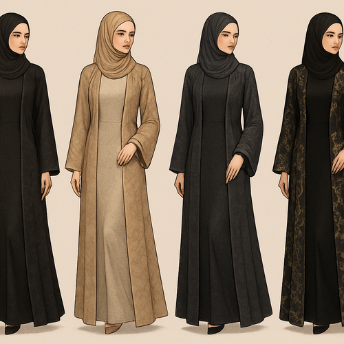 Create a modest sexy elegant fittted dress with abaya, the first of its kind, featuring a unique stone design that exudes a classy and sophisticated vibe. I'd like four designs, each showcasing different styles and fabrics. Incorporate high-end, unique chic stone designs to make them truly special. Add little sophisticated stone designs.
