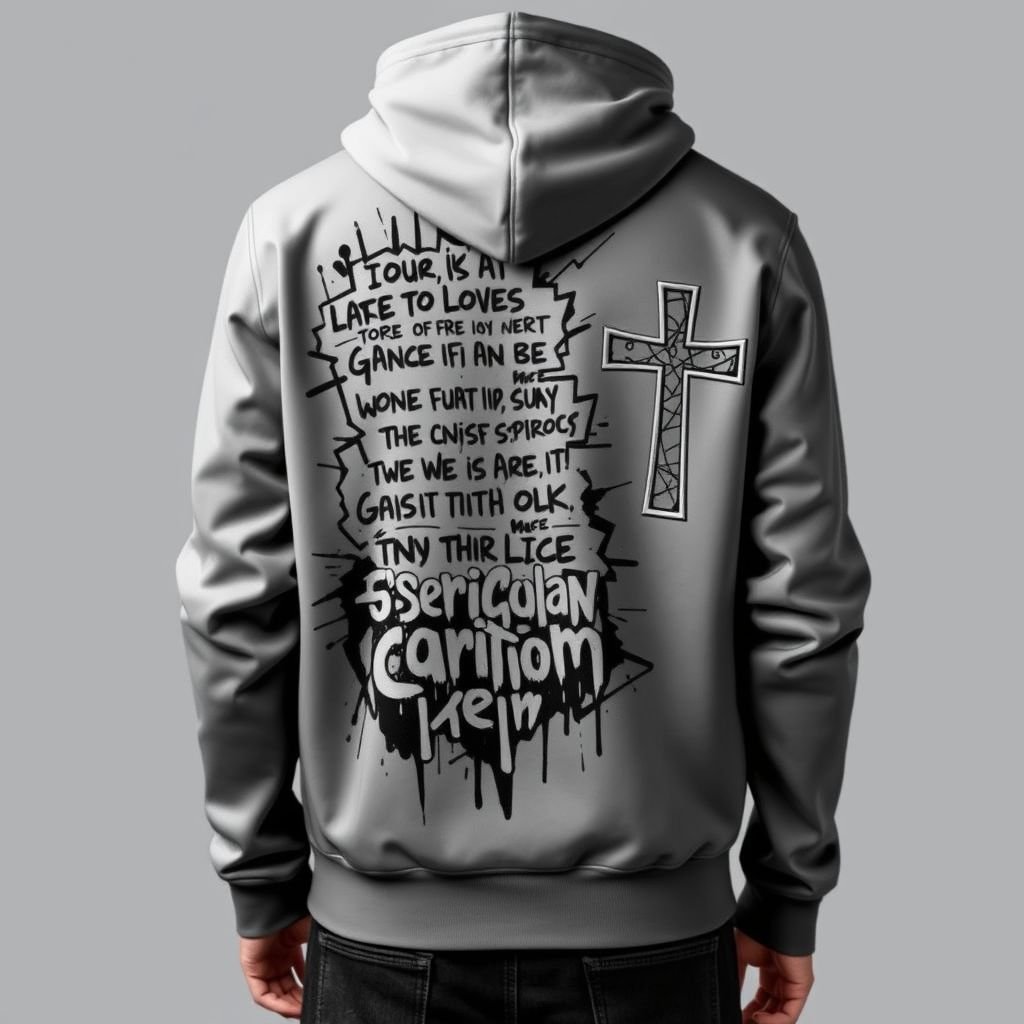 A Zip up hoodie with a cross on the right hand side in the front of the hoodie. “The LORD said unto my Lord, Sit thou at my right hand, until I make thine enemies thy footstool.” Psalms 110:1 on the back in a design.
Envision a zip-up hoodie with a modern streetwear silhouette, featuring an embossed cross on the front's right side. The back showcases an artistic interpretation of Psalms 110:1, intricately woven within a graffiti-style design, blending urban aesthetics and spiritual undertones. Made from eco-friendly fabric, it radiates a bold yet meaningful statement.