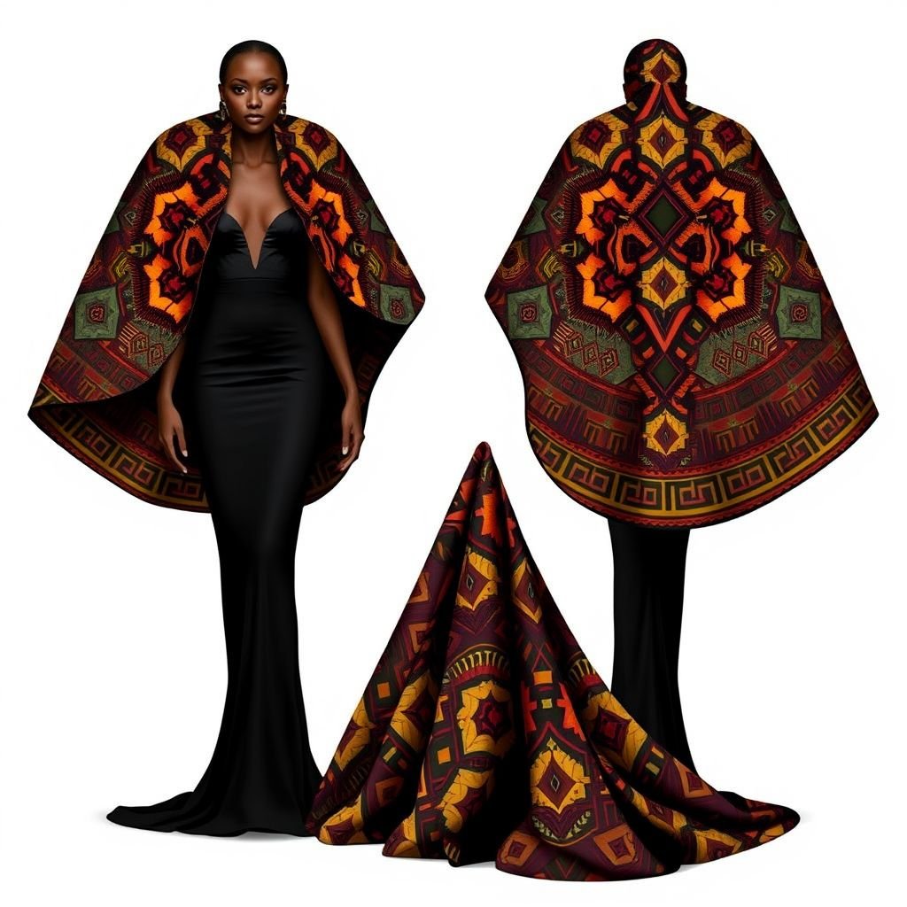 Design a formal wear using African prints for women. Make it less formal and include lots of African prints
Create a captivating formal gown inspired by African prints, merging elegance with cultural vibrancy. Envision a structured silhouette with a fitted bodice, flowing skirt, and striking cape featuring bold geometric patterns. Incorporate rich textures and a palette of earthy tones, celebrating the beauty of African artistry while maintaining a sophisticated allure.