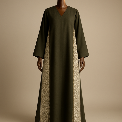 
(photorealistic)
"Photorealistic full-length fashion photograph of an ankle-length dark olive green abaya v cut from front displayed on a luxurious polished wooden mannequin. The abaya features long side slits from underarm to ankle with an external Kashmiri patterned panel attached to the outer edge of each slit; the Kashmiri panel is jacquard/textured paisley in complementary-ivory white with little olive touches tones. A narrow Najdi geometric embroidery (2–2.5 cm wide) in matte antique-gold thread runs along the outer edge of each panel, with small repeating motifs spaced every 10–15 cm — embroidery visible down to the ankle. Silhouette: straight A-line, soft drape, lightweight wool-blend, lightly lined. Styling: clean neutral studio background, soft directional warm light, full-length view showing panels to the ankle, high-detail texture and fabric realism. Camera: 35mm perspective, shallow depth of field (f/4), high-resolution output (4k)."
