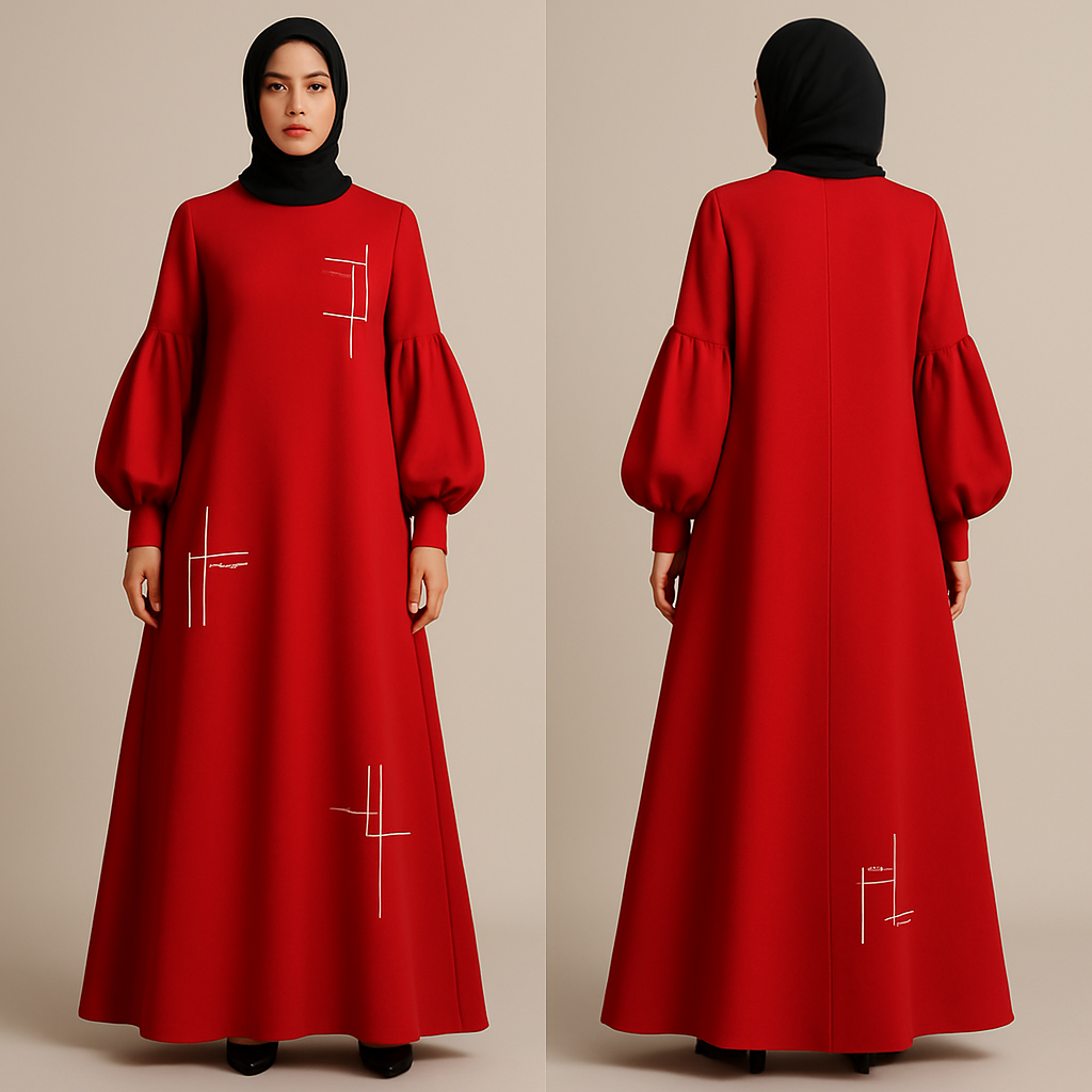 modern, A-line abaya in a bold color. Features statement sleeves and minimalist, geometric embroidery. Stylish, modest, and perfect for everyday wear. And that is not out there yet. Making the designs high end that will stand out 
modern, A-line abaya in a bold color. Features statement sleeves and minimalist, geometric embroidery. Stylish, modest, and perfect for everyday wear. And that is not out there yet. Making the designs high end that will stand out , show front and back