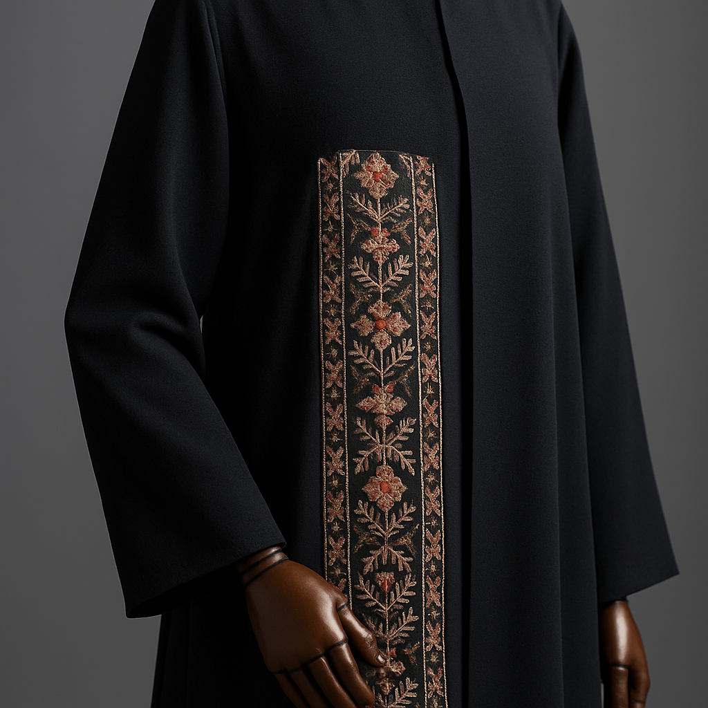 Encle length
Full‑shot photorealistic prompt (copy‑paste)
"Photorealistic studio photograph of an ankle‑length royal crepe abaya displayed on a luxury wooden mannequin. Mannequin: polished walnut finish, carved wooden joints, elegant proportions, brass adjustable stand. Abaya: ankle length (140 cm on a 170 cm form), detachable front panels with hidden snap fastenings, long straight sleeves, concealed round neckline, light waist darts, hand‑stitched kani embroidery on panels only. Show realistic crepe fabric texture, natural drape and folds, subtle sheen and true-to-life shadows. Lighting: soft directional studio lighting with subtle rim light to separate silhouette. Background: seamless neutral gray backdrop with slight floor reflection. Camera: 50mm perspective, slight three‑quarter front view, shallow depth of field (f/2.8). High resolution, ultra‑photorealistic — no sketch, no illustration, no line art, no watercolor."
Close‑up detail prompt (copy‑paste)
"Photorealistic close‑up macro of the detachable panel attachment and hand kani embroidery on a royal crepe abaya on a luxury wooden mannequin. Show thread texture, stitch depth, hidden snap fastening detail, fabric weave, and internal reinforcement. Lighting: soft macro studio lighting, high detail, 85mm macro perspective, f/4. Ultra‑photorealistic, true colors, no sketch or drawn style."
Encle length
Full‑shot photorealistic prompt (copy‑paste)
"Photorealistic studio photograph of an ankle‑length royal crepe abaya displayed on a luxury wooden mannequin. Mannequin: polished walnut finish, carved wooden joints, elegant proportions, brass adjustable stand. Abaya: ankle length (140 cm on a 170 cm form), detachable front panels with hidden snap fastenings, long straight sleeves, concealed round neckline, light waist darts, hand‑stitched kani embroidery on panels only. Show realistic crepe fabric texture, natural drape and folds, subtle sheen and true-to-life shadows. Lighting: soft directional studio lighting with subtle rim light to separate silhouette. Background: seamless neutral gray backdrop with slight floor reflection. Camera: 50mm perspective, slight three‑quarter front view, shallow depth of field (f/2.8). High resolution, ultra‑photorealistic — no sketch, no illustration, no line art, no watercolor."
Close‑up detail prompt (copy‑paste)
"Photorealistic close‑up macro of the detachable panel attachment and hand kani embroidery on a royal crepe abaya on a luxury wooden mannequin. Show thread texture, stitch depth, hidden snap fastening detail, fabric weave, and internal reinforcement. Lighting: soft macro studio lighting, high detail, 85mm macro perspective, f/4. Ultra‑photorealistic, true colors, no sketch or drawn style.", show front and back