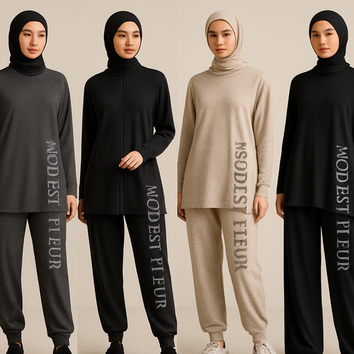 Create a revolutionary women’s modest loose gym wear brand called “Modest Fleur”. Display the brand name on the garments in a unique stone design on the side, exuding a classy and sophisticated vibe. I’d like four designs, each showcasing different styles and fabrics, with high-end, unique chic designs to make them truly special.