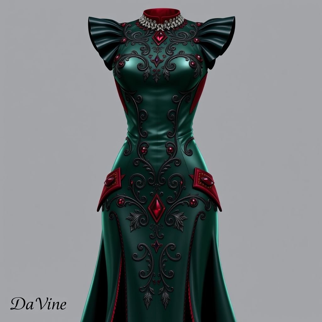 Create me a unique leather dress, something that cruella would make. Add some color to it. Put “Da’Vine” in the bottom left corner
Design an elegant leather dress that embodies the daring spirit of Cruella de Vil, featuring dramatic silhouette and intricate embellishments. Incorporate rich jewel tones like emerald green and deep ruby accents, alongside sleek silver lining. Complete the look with delicate embroidery. Include the name “Da’Vine” in the bottom left corner for authenticity.