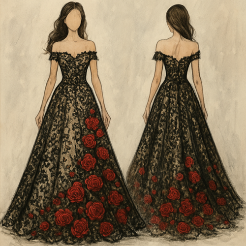 Lace black with champagne underlay wedding dress with off the shoulder sleeves with red roses cascading towards the bottom of the dress.