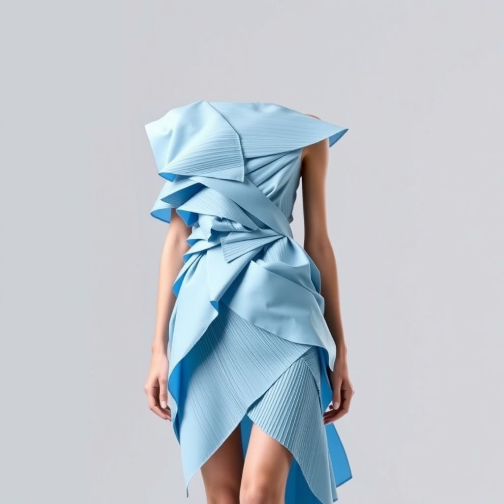 Fancy, Different cuts, but layered dress. Light blue Blue
Design an avant-garde layered dress in a soft light blue hue, inspired by the architectural aesthetics of Issey Miyake. Incorporate asymmetrical cuts and unexpected draping to create a dynamic, sculptural silhouette. Enhance the ensemble with intricate pleats and textural contrasts, ensuring a harmonious balance between elegance and innovation for a striking statement.