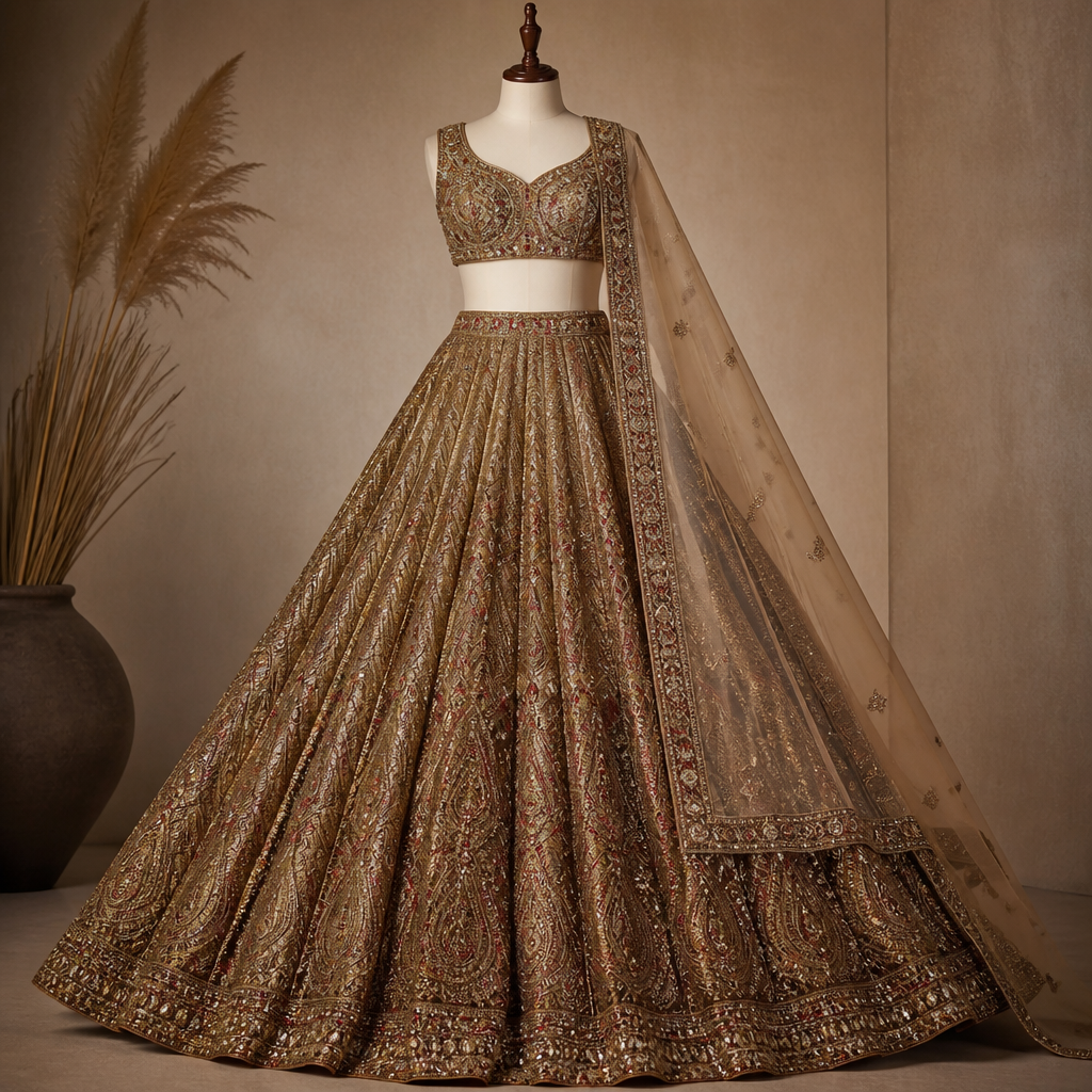 photorealistic fashion design, Dark golden shimmery tissue bridal lehenga with heavy flare and medium size paisley motifs in red green and golden kundan stone embroidery all over the lehenga. India fashion aesthetics., just the design no text. Refinement: Reduce the size of paisleys in this and make it in red colour with green and golden kundan embroidery
photorealistic fashion design, photorealistic fashion design, Dark golden shimmery tissue bridal lehenga with heavy flare and medium size paisley motifs in red green and golden kundan stone embroidery all over the lehenga. India fashion aesthetics., just the design no text. Refinement: Reduce the size of paisleys in this and make it in red colour with green and golden kundan embroidery , just the design no text