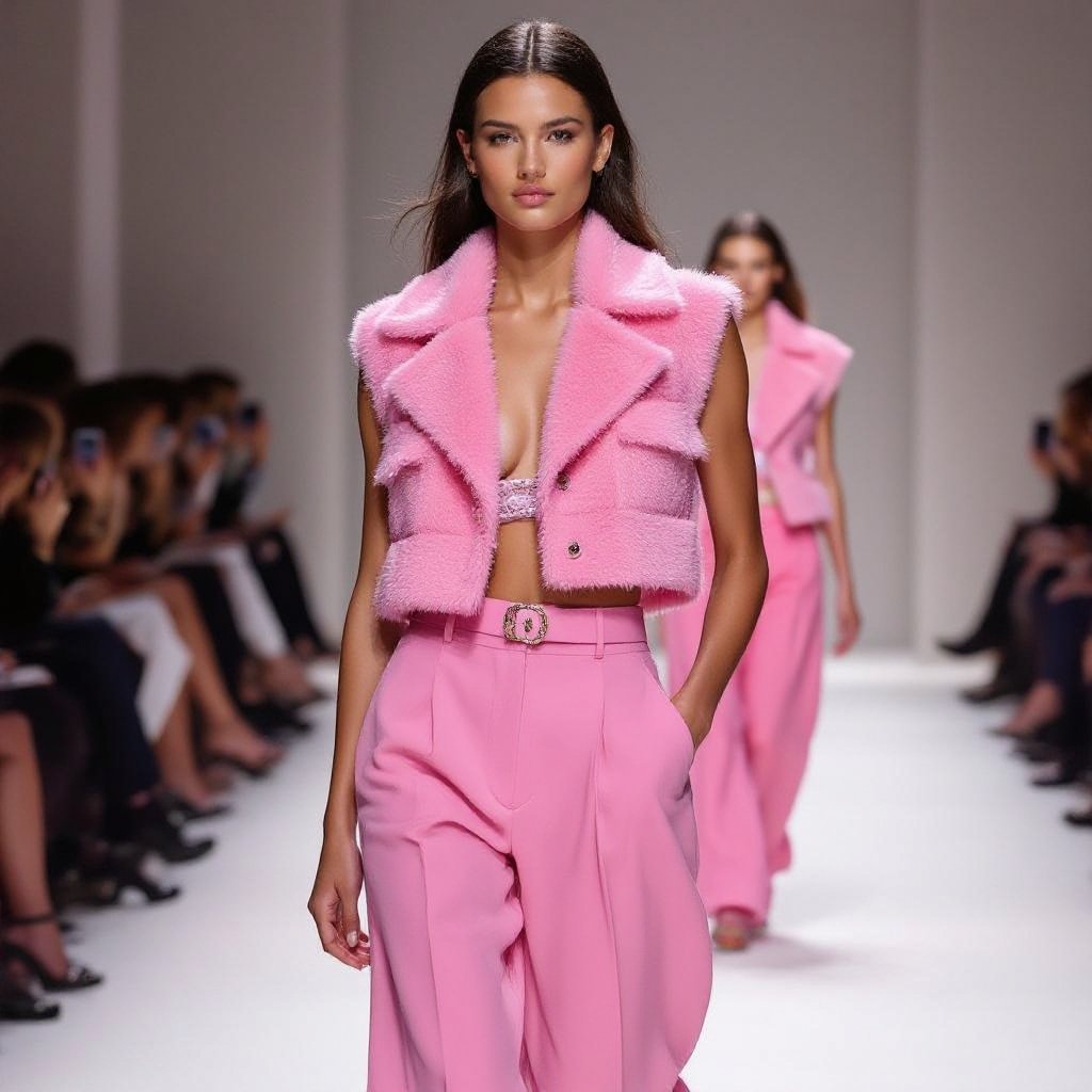 یه وست شلوار با پارچه شَنِل صورتی طراحی کن
Design a pink Chanel vest and trousers. The vest is cropped. The trousers are high-waisted and wide-leg.
