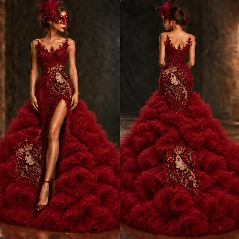 Let's try putting 2 or 3 of the queen of hearts card throughout it and see how it looks
edit the attached fashion design with these instructions: Let's try putting 2 or 3 of the queen of hearts card throughout it and see how it looks. keep it photorealistic, just the design no text