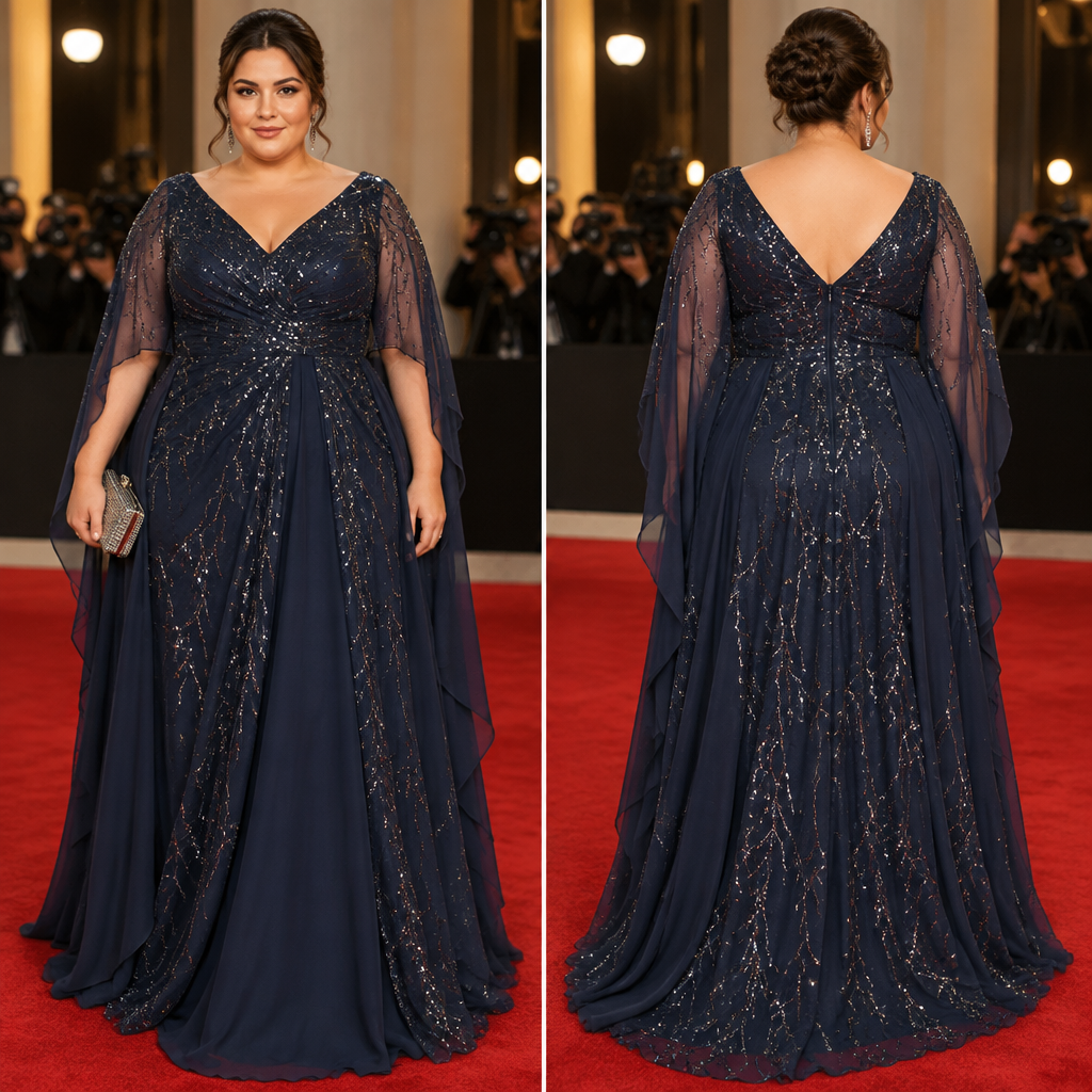 Red carpet gala dress with sequins for a plus size please hide the stomach
photorealistic fashion design, Red carpet gala dress with sequins for a plus size please hide the stomach
, classic style, just the design no text, show front and back
