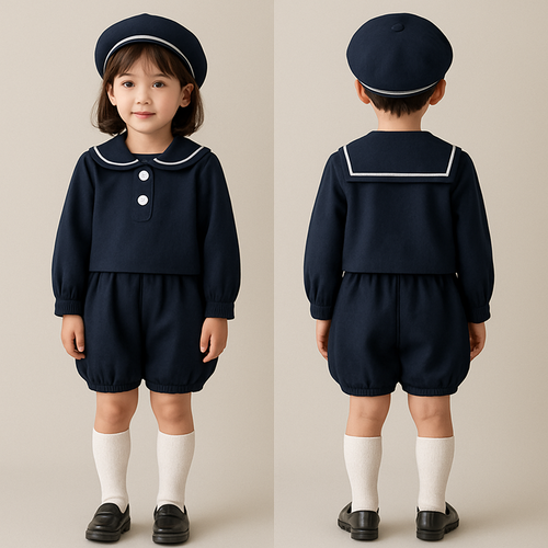 歳の女の子、男の子着用
ユニセックス
紺に白線のセーラー服のセットアップ
前襟のセーラー部分は丸く真ん中に白いボタン2つ
長袖
ズボンはかぼちゃ型の半ズボン （丸く）
生地は涼しめ、上下同じ生地セットアップと同じ生地で、紺に一本の白線のベレー帽、トップノブあり
白いハイソックス
ローファー