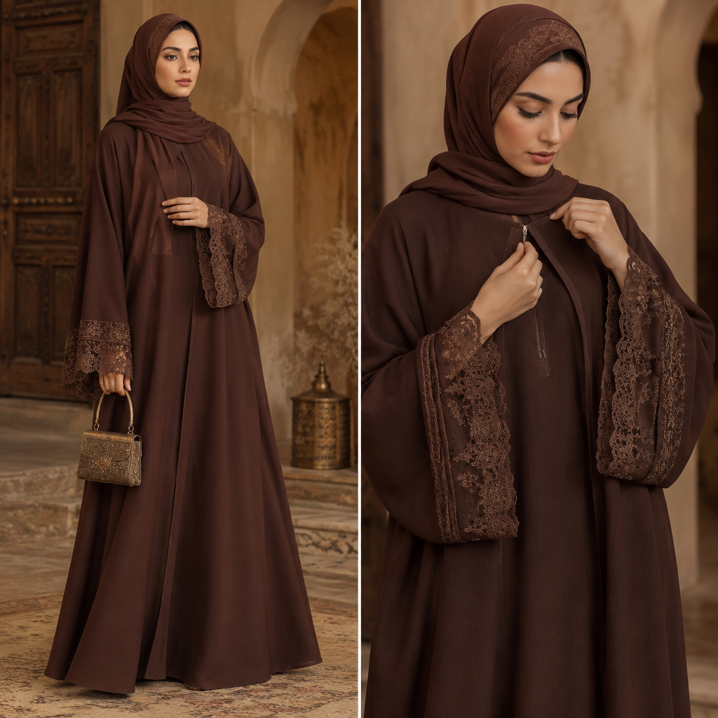 A Female Abaya design, suitable for Fall, in Vintage style. Abaya large. Des manches longs et larges
Une touche de dentelle sur les manches
Le col est fait avec un petit fermoire qui permet l allaitement naturel. Algeria fashion aesthetics. Present it as professional fashion catalogue photography: the garment is the subject, shown full-length with editorial styling, neutral posing and tasteful, non-suggestive framing.
photorealistic fashion design, A Female Abaya design, suitable for Fall, in Vintage style. Abaya large. Des manches longs et larges
Une touche de dentelle sur les manches
Le col est fait avec un petit fermoire qui permet l allaitement naturel. Algeria fashion aesthetics. Present it as professional fashion catalogue photography: the garment is the subject, shown full-length with editorial styling, neutral posing and tasteful, non-suggestive framing., vintage style, just the design no text