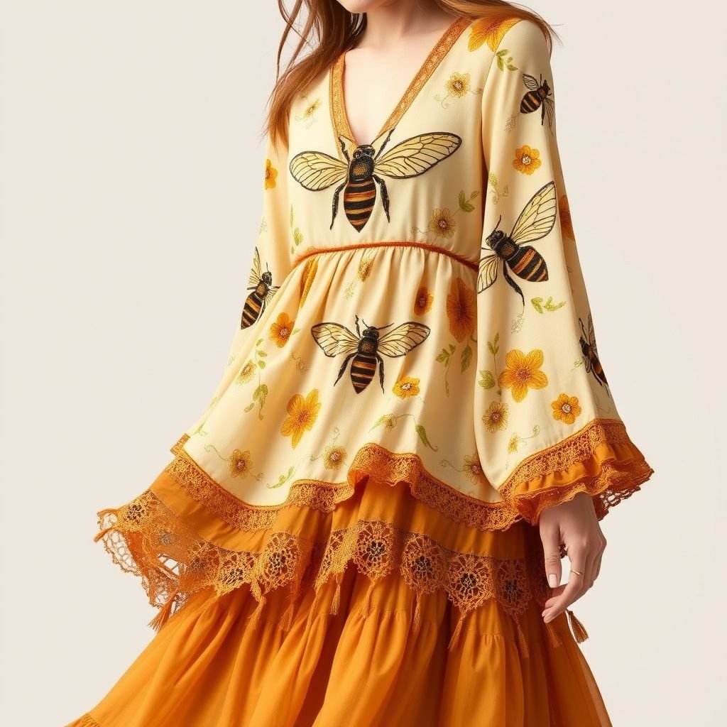 A honey bee & honey comb themed spring day dress.
Design a flowing, boho-chic spring day dress adorned with intricate honey bee and honeycomb motifs. Incorporate earthy tones of honey gold and soft amber, with layered, lightweight fabrics that evoke a sense of natural movement. Add delicate lace trims, fringes, and whimsical floral embroidery to enhance the free-spirited aesthetic.